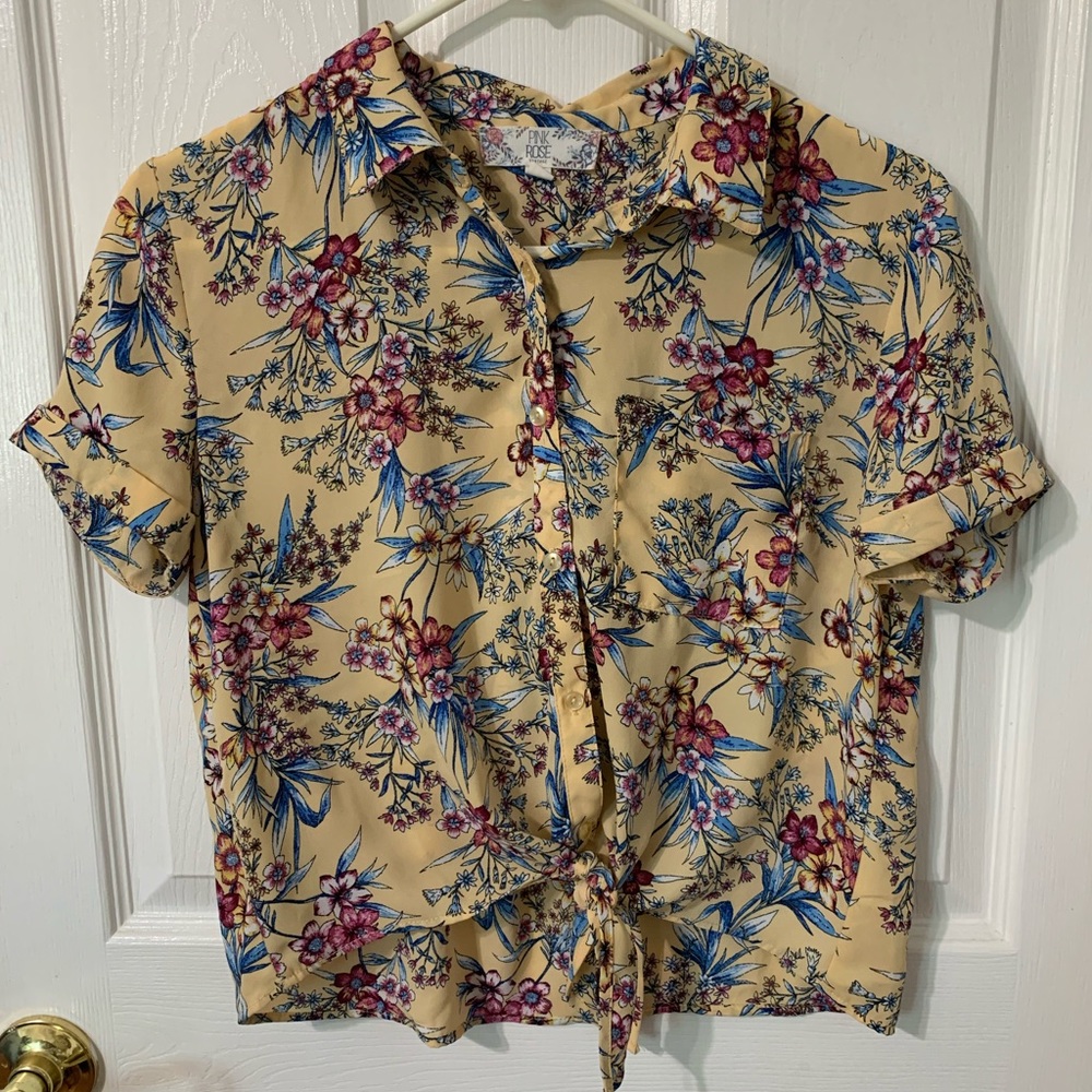 Yellow Floral Short Sleeve Tie Front Blouse